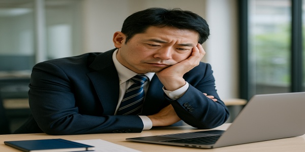 オフィスで悩みながらパソコンを見つめる中高年男性