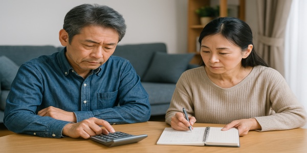 家計簿と電卓を手にして生活費を計算する中年夫婦の手元