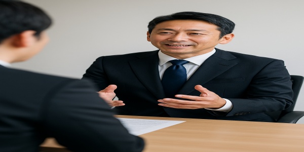 スーツ姿の中高年男性が面接で堂々と話している様子
