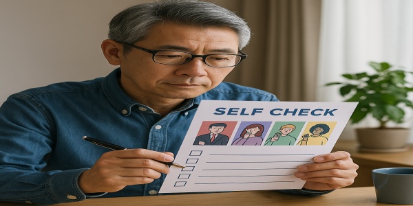 4つの性格タイプを示す図を見ながら考える中高年男性。