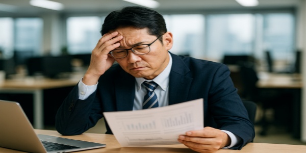 オフィスのデスクで資料を見ながら悩む50代男性会社員
