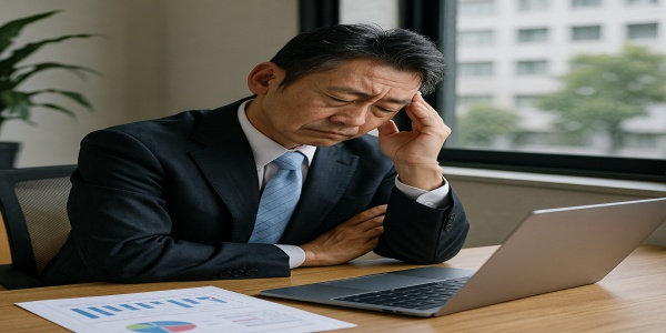 デスクで給与停滞に悩み考え込む50代日本人男性会社員