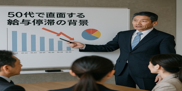 会議で給与停滞のデータを説明する50代日本人男性会社員