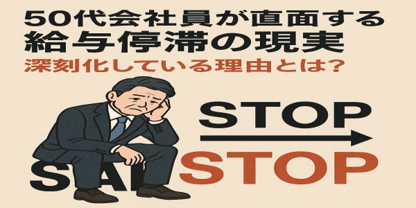 給与停滞に直面し悩む50代日本人男性会社員のイラスト