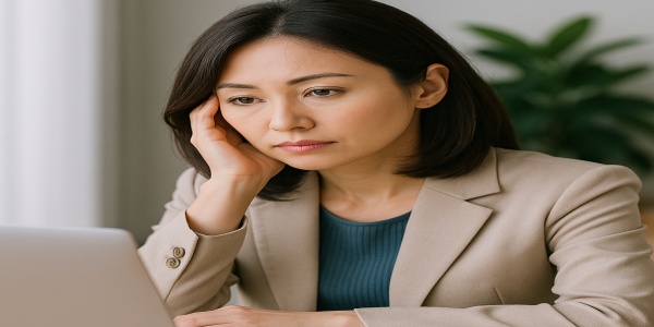 将来のキャリアや給与停滞について不安を感じながらノートパソコンに向かう50代の日本人女性会社員