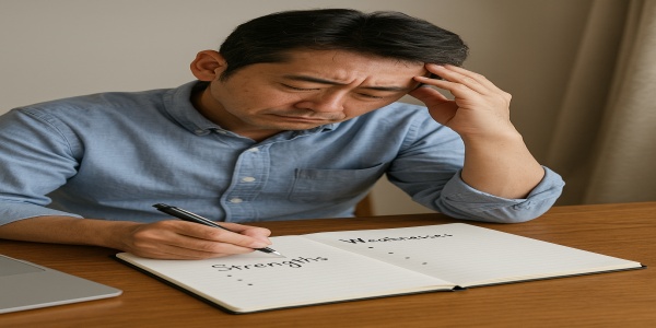 ノートに自分の強みや弱みを書き出して整理する男性の手元