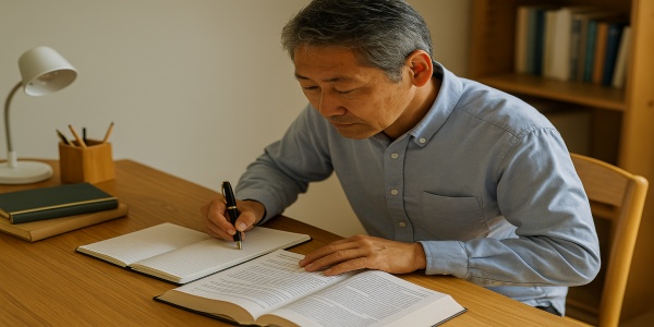 学習机で資格勉強に取り組む50代男性と参考書