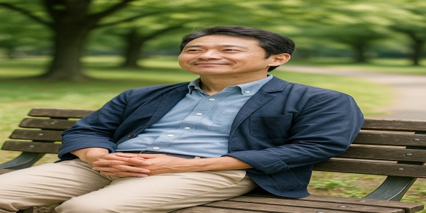 公園のベンチでリラックスしながら前向きに考える中高年男性。
