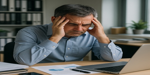 デスクで頭を抱える中高年男性。職場の人間関係に悩んでいる様子。