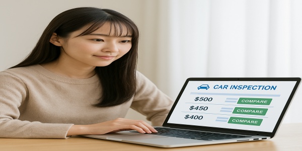パソコンで車検費用の比較サイトを調べる若い女性