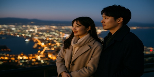 函館山から夜景を眺める日本人カップル