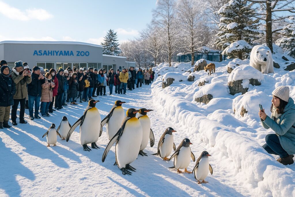 雪の中をよちよち歩くペンギンたち（旭山動物園）