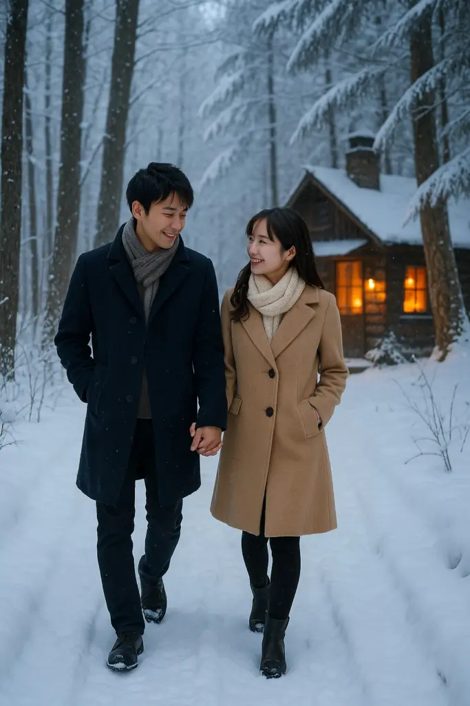 雪の森を散策する日本人カップル