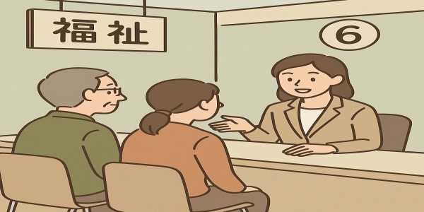 役所の窓口で相談する人々のイラスト