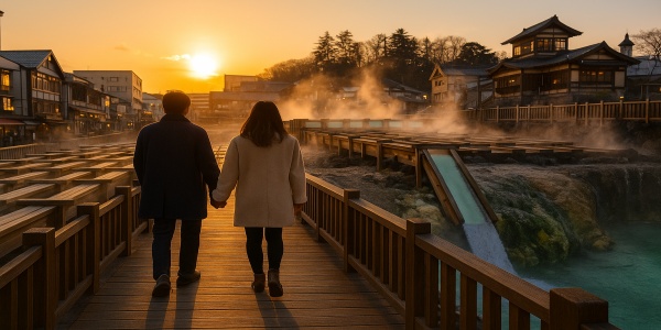 草津温泉湯畑を歩くカップルの後ろ姿