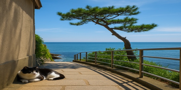 江の島の路地でくつろぐ猫と海の景色