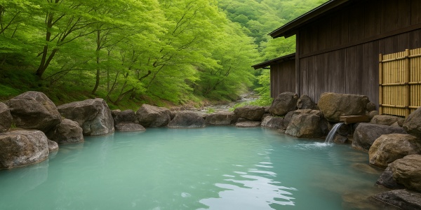 新緑に包まれた那須湯本温泉の露天風呂、乳白色の湯と渓流のせせらぎ