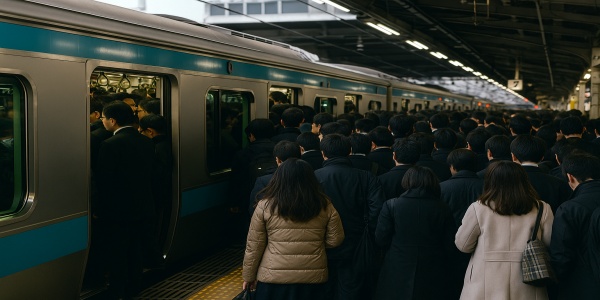 通勤ラッシュで混雑する電車とホームの様子