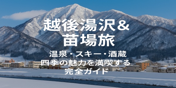 雪景色の越後湯沢温泉街と山並みを望む風景