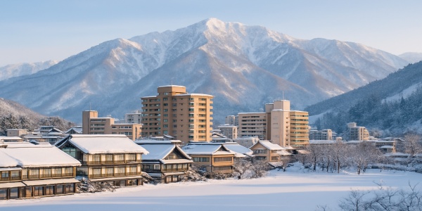 雪景色の越後湯沢温泉街と山並みを背景にした風景