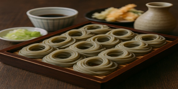 へぎそばを美しく盛り付けたテーブルの食事シーン