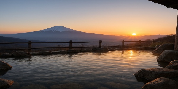 ほったらかし温泉の露天風呂から眺める富士山と朝日
