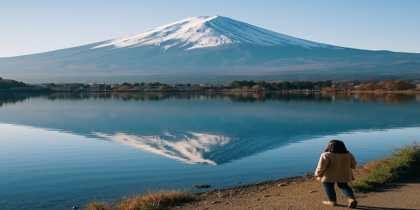 河口湖に映る逆さ富士と湖畔を散策する旅行者