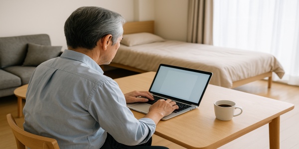 中高年の一人暮らし用のシンプルな部屋でノートPCを開いて暮らしを考える様子