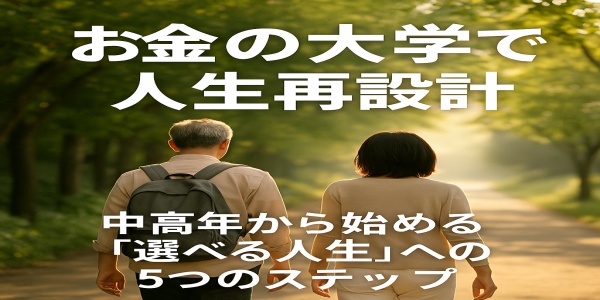安心して将来に向かって歩む中高年男女と輝く未来のシルエット