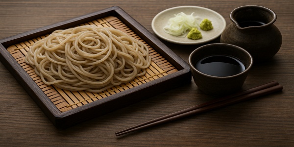 ざるそばと薬味、そば湯が並ぶ信州そばの食卓