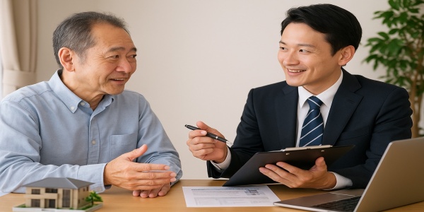 不動産営業マンと中高年男性が賃貸物件について相談しているシーン