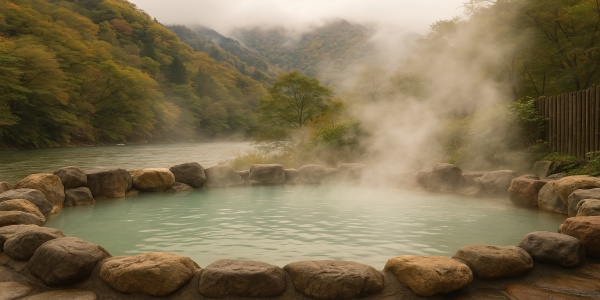 白骨温泉の露天風呂と湯けむりに包まれる山あいの風景