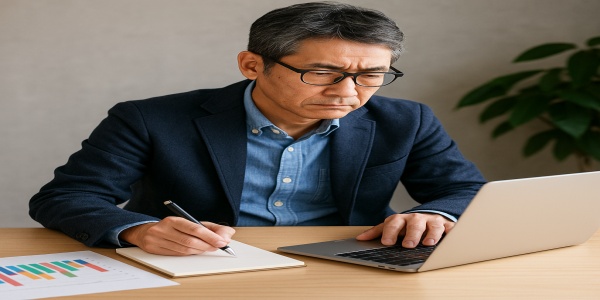 パソコンに向かって副業ブログを書く中高年男性
