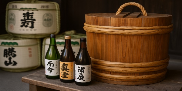湯沢の酒蔵で並ぶ日本酒と木桶の風景