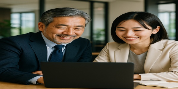 ノートPCを使いながら若手女性社員と共創する中高年リーダー