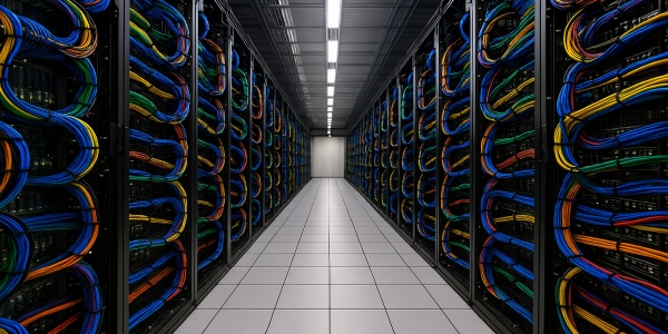 カラフルなケーブルが並ぶGoogleのデータセンターのサーバールーム