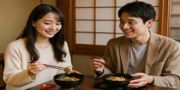 加賀料理の治部煮を料亭で味わう若い日本人カップル