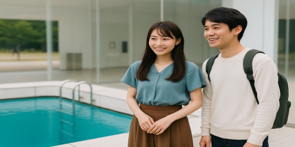 金沢21世紀美術館でスイミングプール作品を楽しむ若い日本人カップル