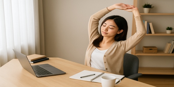 休憩中に立ち上がってストレッチをする若い日本人女性。集中と休憩のメリハリを表現