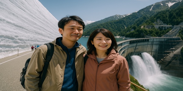 雪の大谷と黒部ダムを背景に旅するカップル